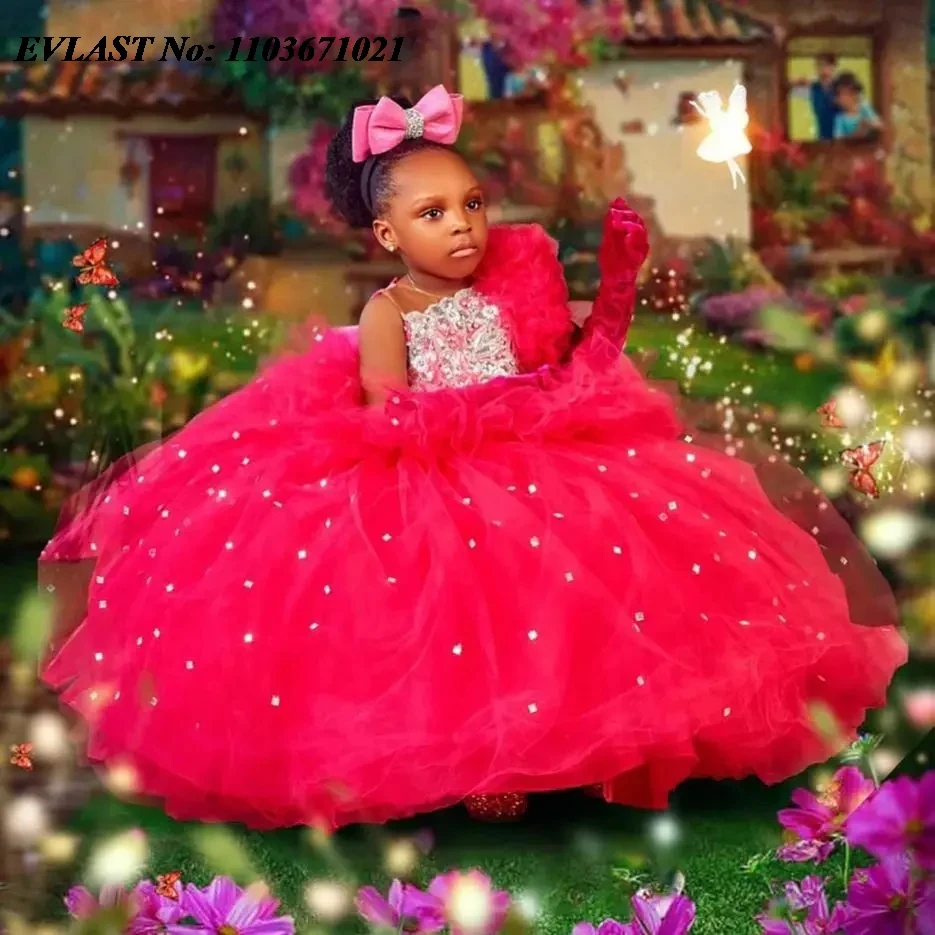 EVLAST Red Girls Birthday Party Dress Princess Beaded Puffy Flower Girl Dress Wedding Baby Kids Ball Gowns for PhotoShoot FD16