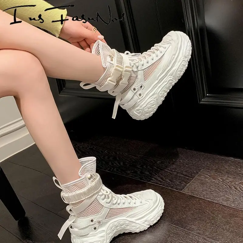 Street Style Air Mesh Genuine Leather Thick Sole Platform Ankle Women Knight Boots Lace Up Buckle Strap Summer Punk Female Shoes