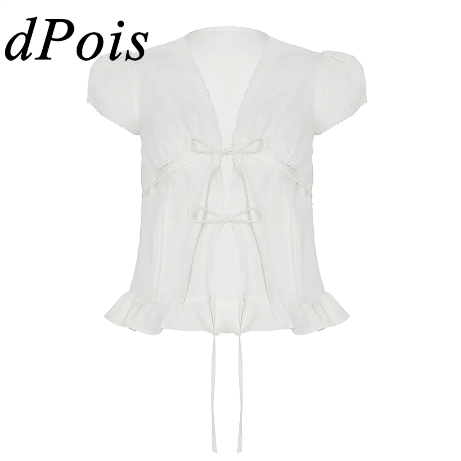 

Women Bow Tie Blouse Puff Sleeves Lace Ruffled Self-tied Straps Babydoll Peplum Tops Blouses Preppy Clothes Casual Daily Wear