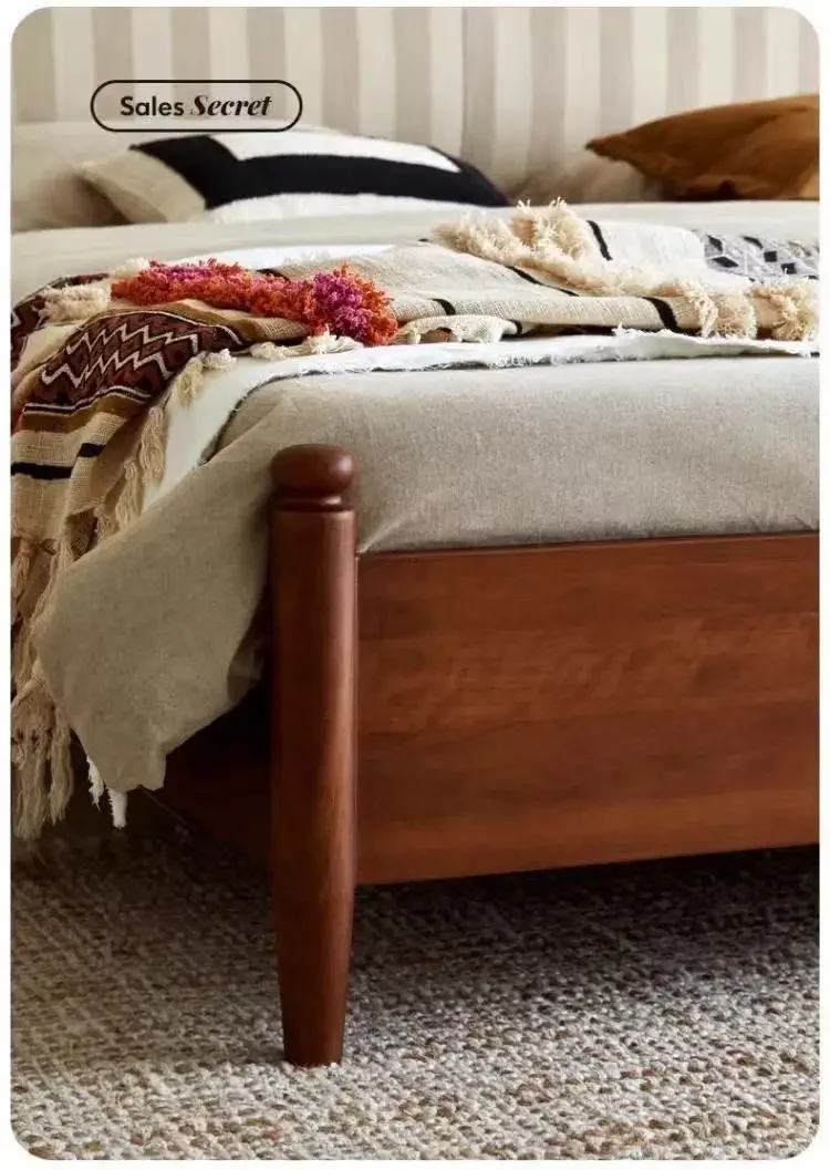 Retro Style Solid Wood Bed for Master Bedroom High End Atmospheric Double Bed Removable Washable Backrest Pad Soft Bag for