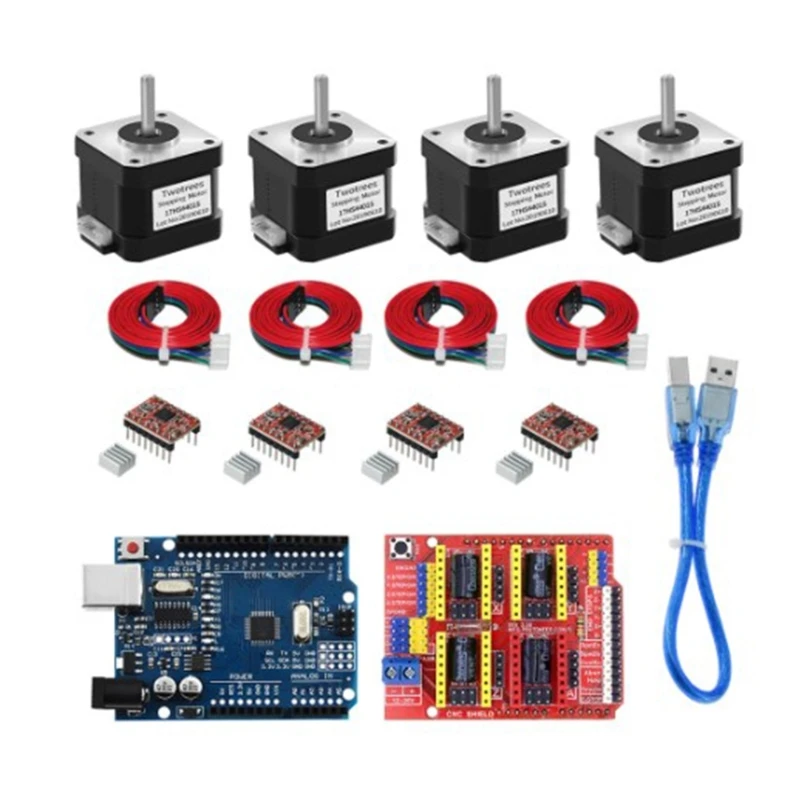 CNC-Shield Kit with UNOR3 Board 4x A4988 Stepper Motor Drivers Nema17 17HS4401S for DIY CNC Machine - Electronics Component Set