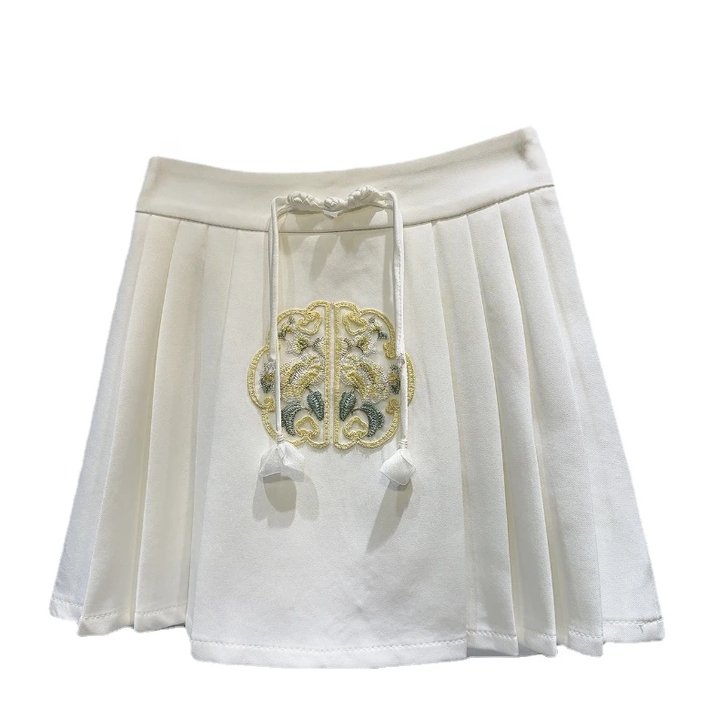 2024 Summer New Chinese Style Ruyi Embroidered Plate Pattern Skirt Pleated Skirt for Women Short Skirts