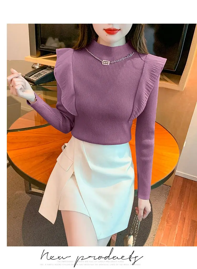 Autumn New Purple Knitted Sweater with Ruffle Edge Splicing Long Sleeved Sweater Retro Style Slim Fit and Slimming Top for Women