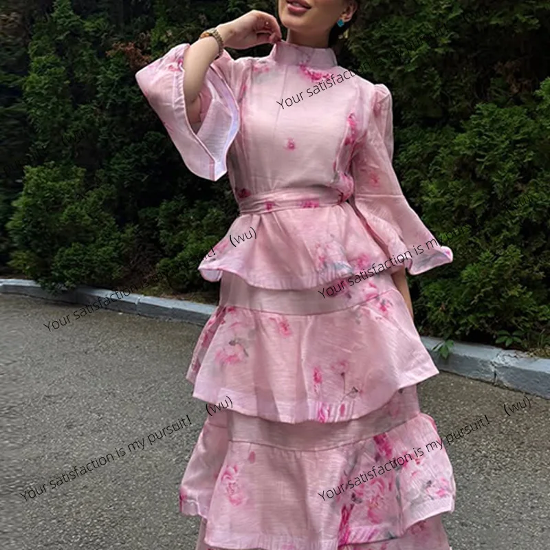 

European and American women's clothing waist elegant pink ruffle edge dress