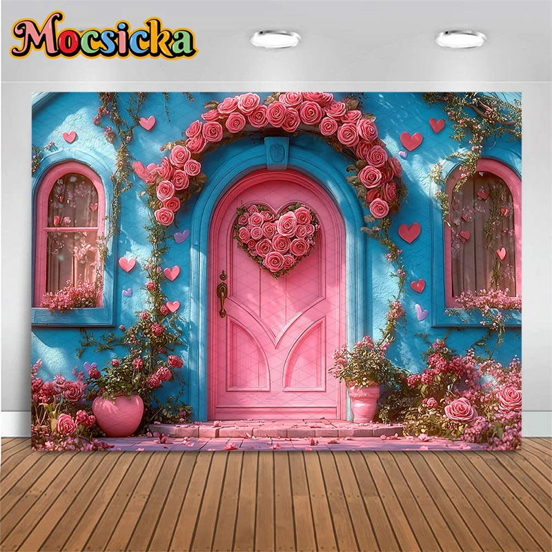 

Mocsicka Mother's Day Photography Backdrop Pink Rose Door Love Decorations Woman Girl Portrait Background Photo Studio Wallpaper