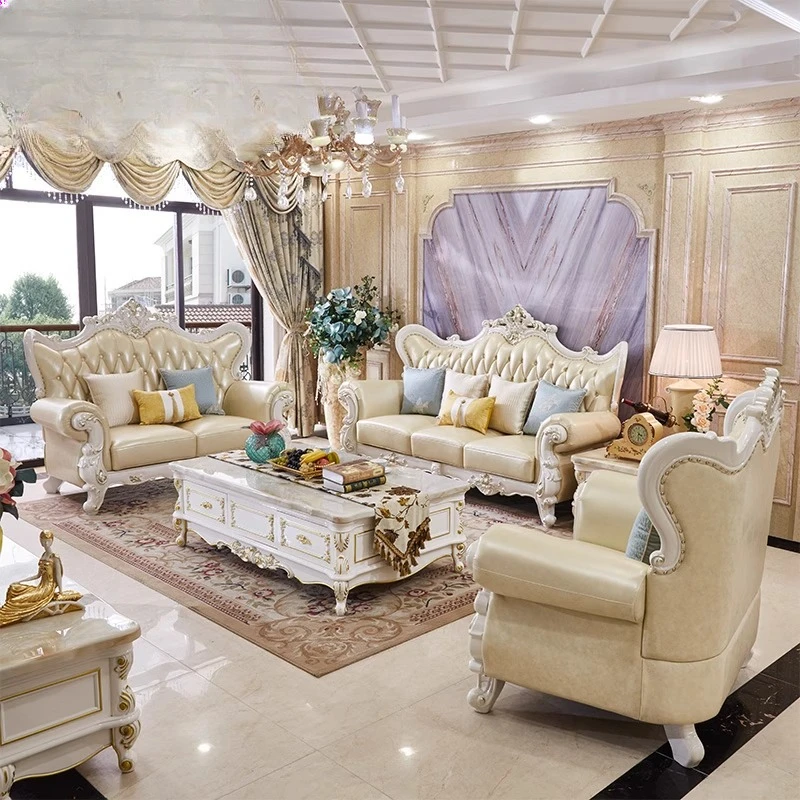 

Европейский кожаный диван, элитный размер виллы, квартира, гостиная, резьба по дереву, цветок, первый слой, диван из воловьей кожи 123, комбинированный