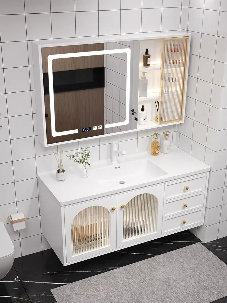 Intelligent simple lacquered solid wood bathroom cabinet mirror cabinet combined toilet integrated ceramic washstand washbasin