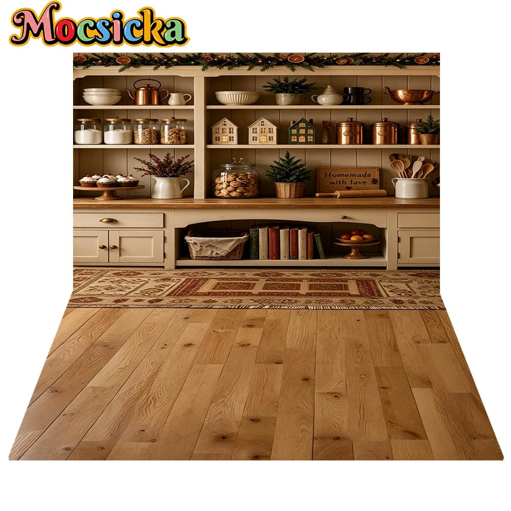 Mocsicka Christmas Baking Kitchen Backdrop Cabinet Xmas Wreath Cookie House Kid Portrait Photography Background Photobooth Decor