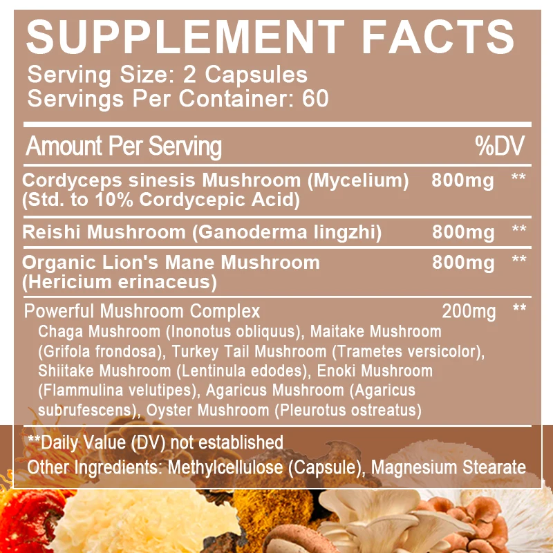 Lion Mane Cordyceps Mushroom Complex Supplement for Nootropic Brain Memory & Focus Immune Booster Energy & Stress Relief