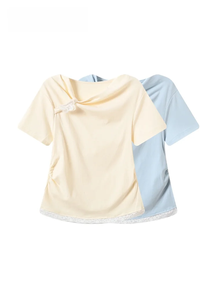 

plus Size Women's Short Sleeve T-Shirt Casual Diagonal Collar Slimming Fashionable Summer New Style Cotton Straight Cut Top