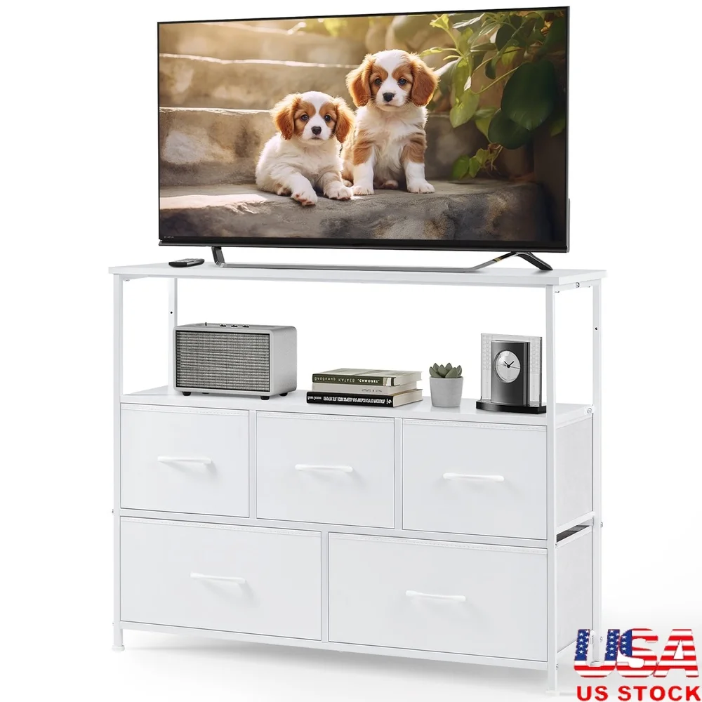 

Freestanding TV Cabinet Stand MDF Durable Construction 5 Fabric Drawers Easy to Clean Bedroom Storage Unit Modern Furniture