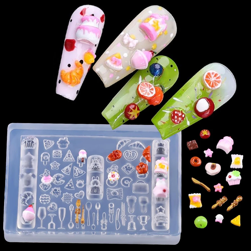Formas de Silicone 3D para Unhas com Tema de Talheres, Sanduíches, Utensílios de Mesa, Pão e Comida, Transparentes, para Decoração de Unhas, Ferramentas para Fabricação de Acessórios de Unhas, Artesanato de Manicure DIY