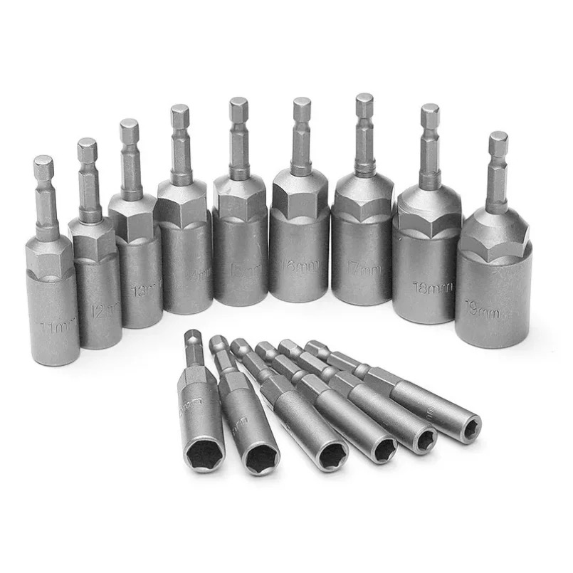 80mm Length Deepen Power Nut Driver Drill Bit Set 5.5-19MM Impact Socket Adapter For Power Tools 6.35MM Hex