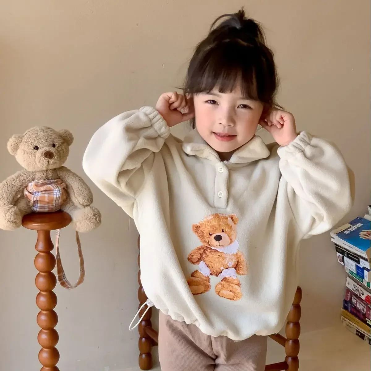 2024 Autumn/Winter Girls' Coat Baby Cartoon Double sided Plush Bear Sweater Cute Korean Edition Children's Coat