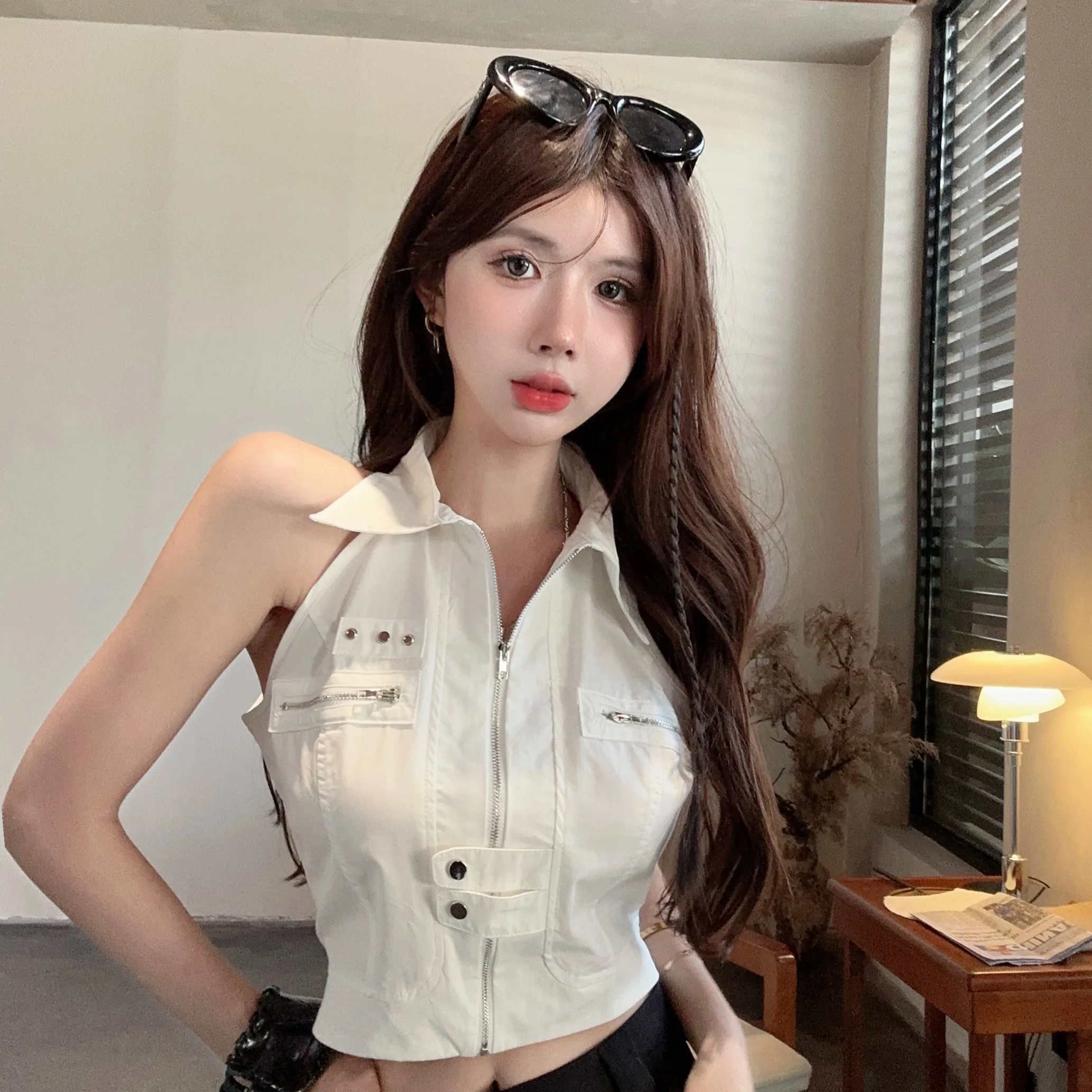 American Retro Hot Girl Zipper ter Ne Workwear Tank Top Summer New Sle Svel Outfit ort Length Pure Color