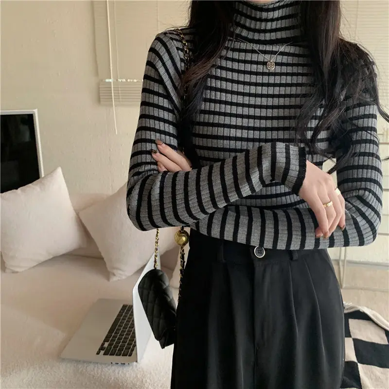 Women Striped Turtleneck Pullovers Elegant Slim All-match Simple Vintage College Autumn Gentle Fashion Design Korean Style Mujer