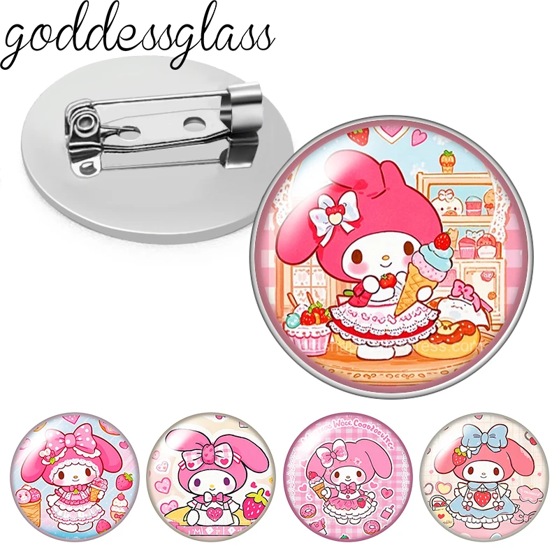 Pin de solapa con cabujón de cristal con foto de dibujos animados de Pink Rabbit My Melody, regalo para niñas, para bolsos, ropa, vaqueros y solapas