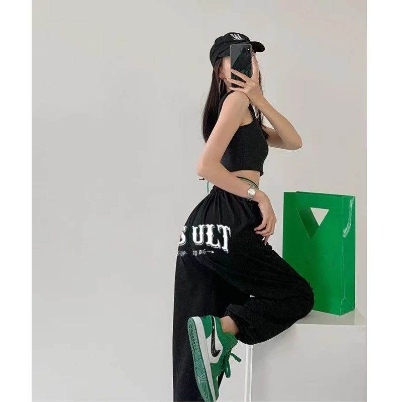 Street Dance Drawstring Design Wide Leg Pants Women European American Vintage Letter Print Trousers 2024 New Summer Y2K Pants