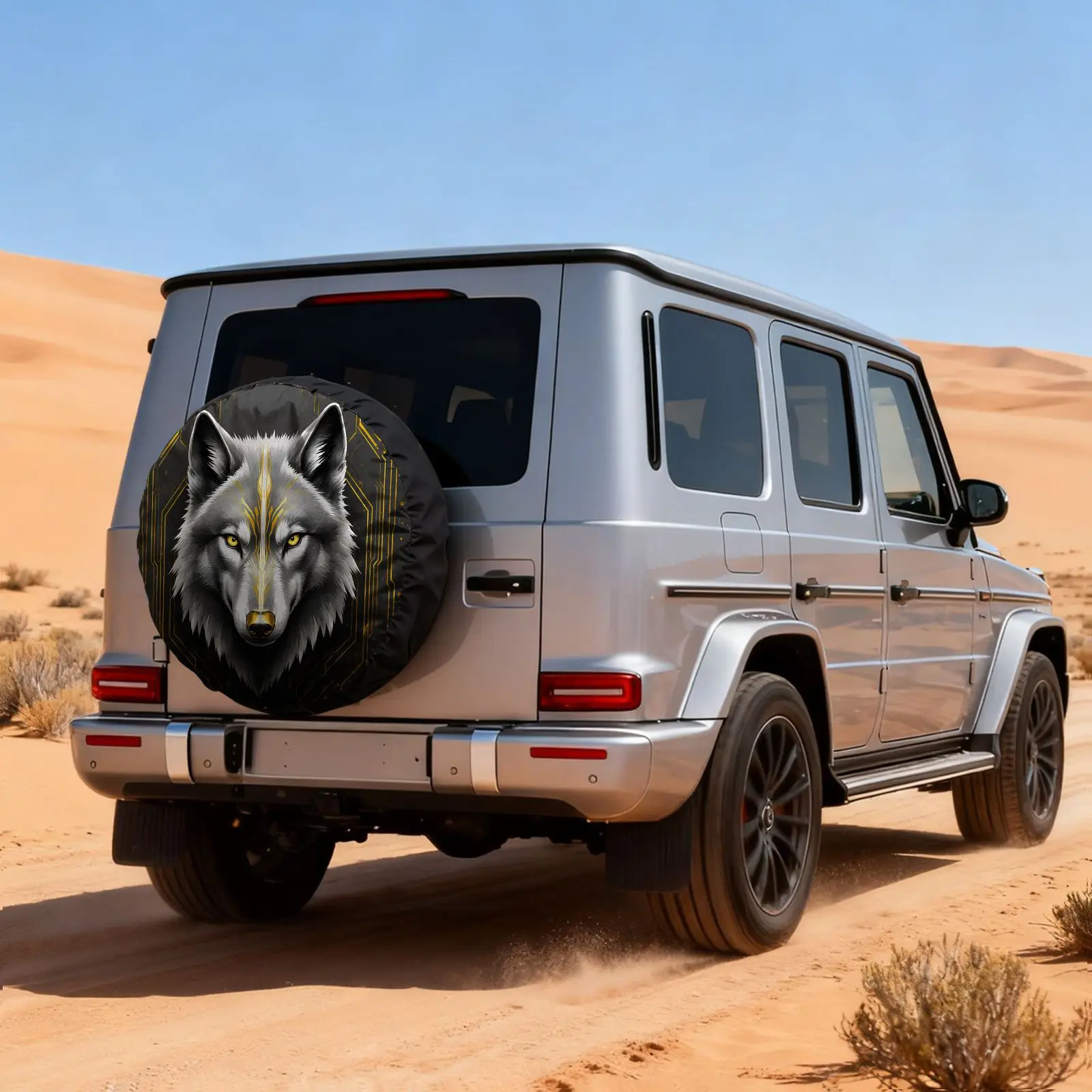 Cyber Wolf Head Pattern Polyester Fiber Car Spare Tire Cover, Unique Tech Style For SUV And Sedan, Car Accessories, Stylish Desi
