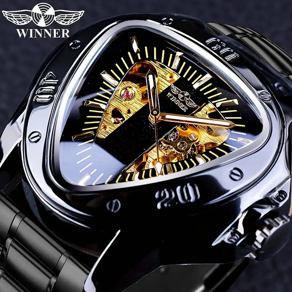 

WINNER Steampunk Fashion Triangle Men's Automatic Mechanical Watches Luminous Skeleton Vintage Mysterious Cool Black Wrist Watch