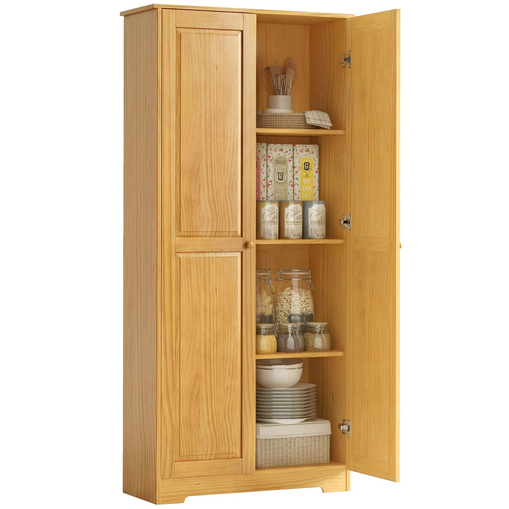 HOMCOM 67" Pinewood Kitchen Pantry Storage Cabinet, Freestanding Cabinets with Adjustable Shelves, Solid Wood Food Pantry with Soft-Close Doors for Living Room Dining Room, Brown