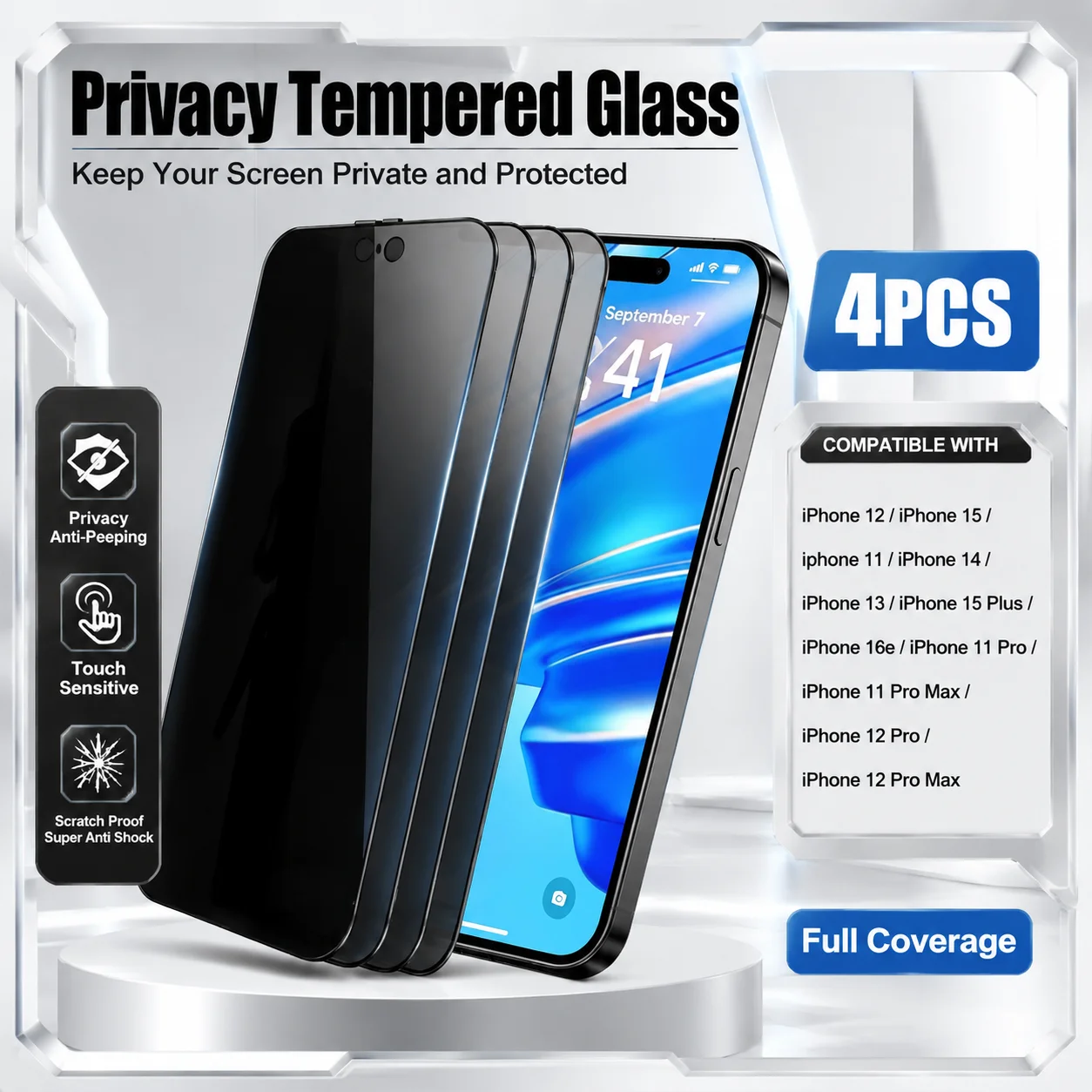 4er-Set Blickschutzfolie aus gehärtetem Glas für iPhone 17 16 15 14 Pro Max Air 17e 16e 13 12 11 Pro 16 15 14 Plus Kratzfest