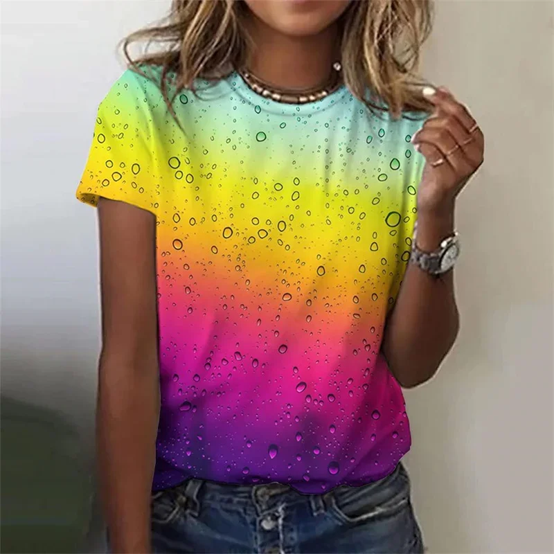 T-Shirt à manches courtes pour femmes, motif de gouttelettes colorées, dégradé imprimé en 3D, t-shirts d'été surdimensionnés, col rond, Y2K
