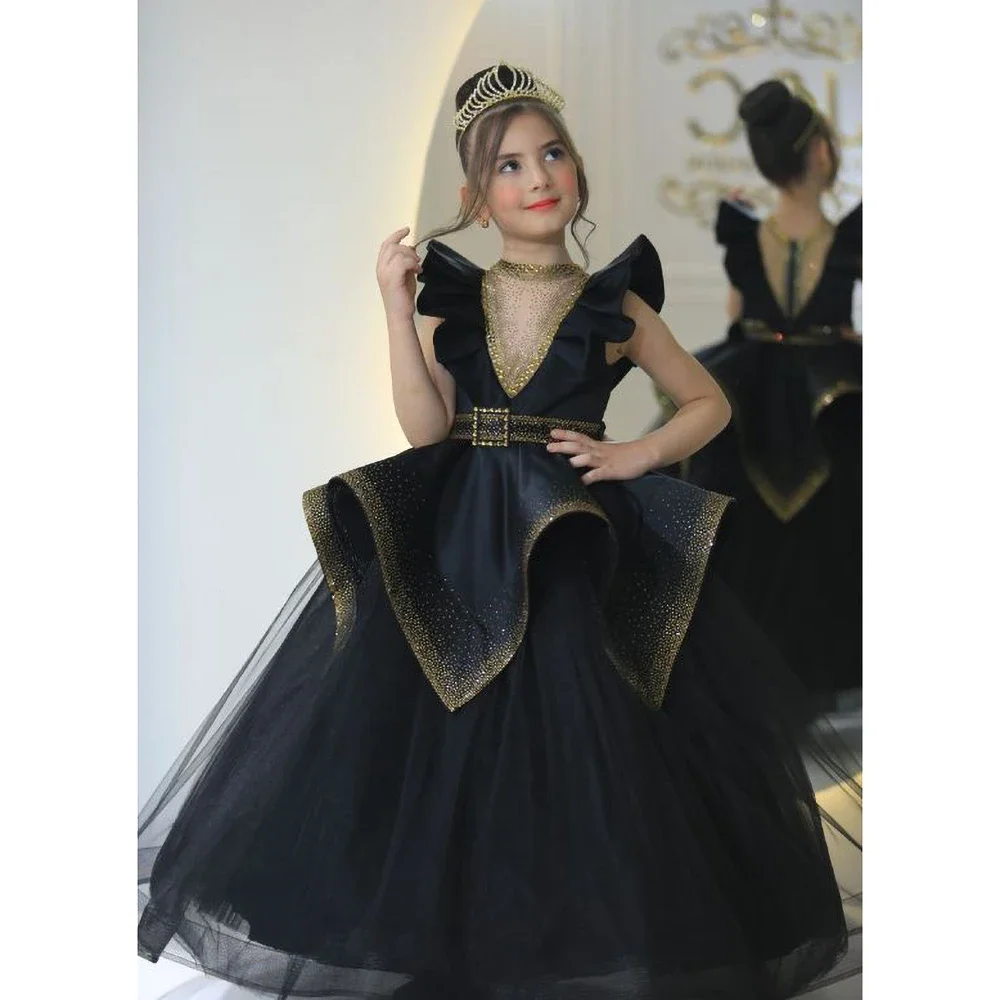 Classic Crew Neck Girl Dresses with Sequined Fashion Ruched Floor Length A-Line Birthday Party Gowns Pageant Wedding Dresses