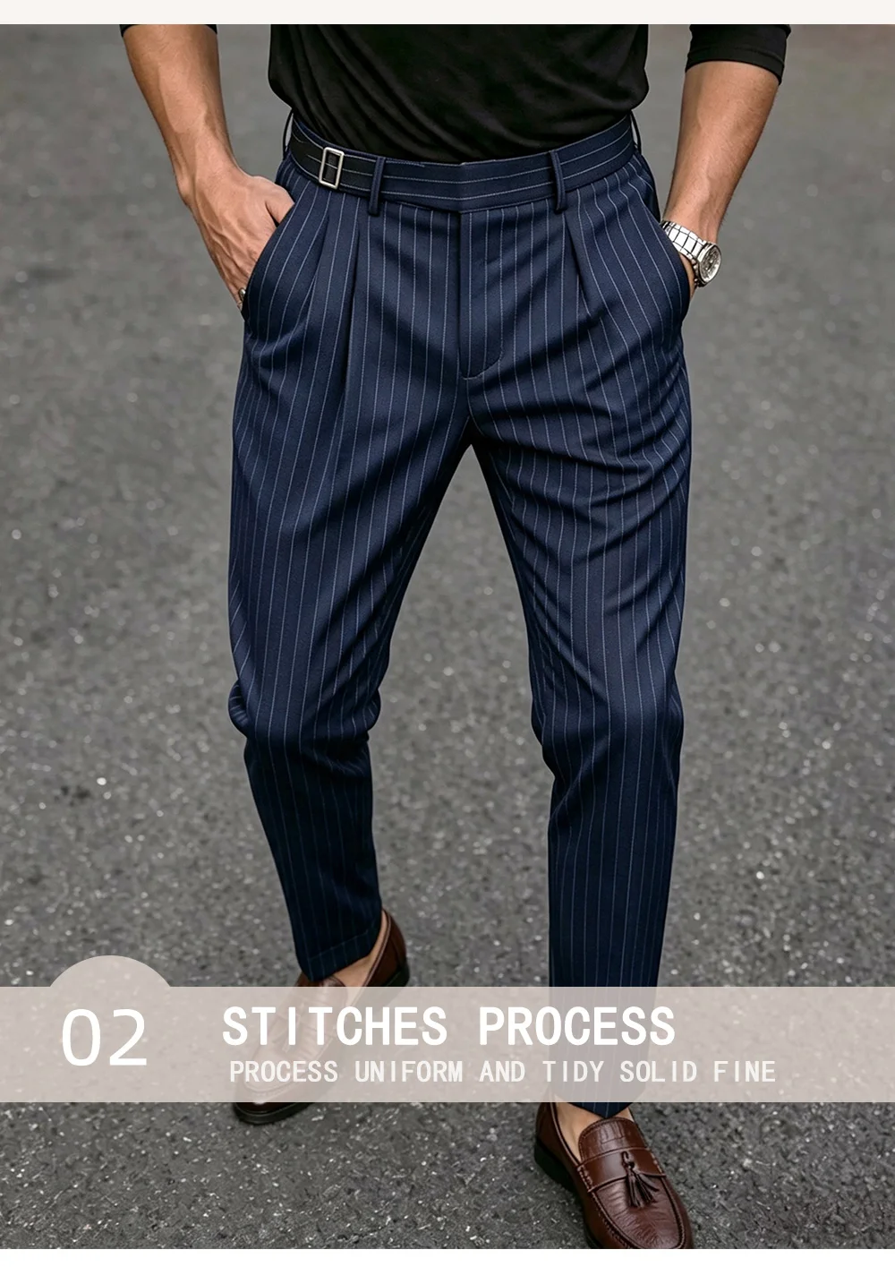 Herrenhose mit Streifenmuster, aus gewebtem Stoff, mit verstellbarem Bund und Knopf, gerades Bein, mit Taschen, elegante Business-Hose für Büro und Alltag. – Detail 4