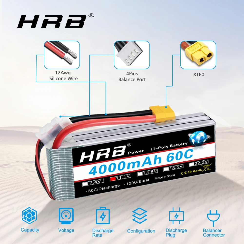 HRB 3S 4000 mAh แบตเตอรี่ Lipo 11.1V 4000 mAh RC แบตเตอรี่ 60C พร้อม XT60 สําหรับ RC รถรถบรรทุก Monster RC เครื่องบิน FPV Drone เรือ