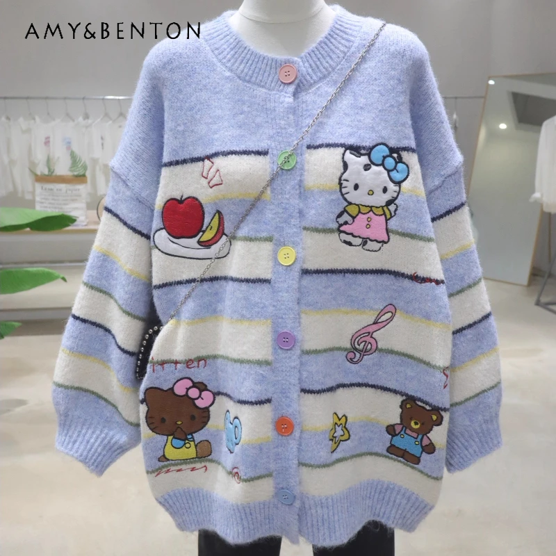 

Age-Reducing Girls Heavy Cartoon Embroidery Single-Breasted Cardigan Autumn Loose Thickened O-Neck Striped Sweater Jacket Ladies