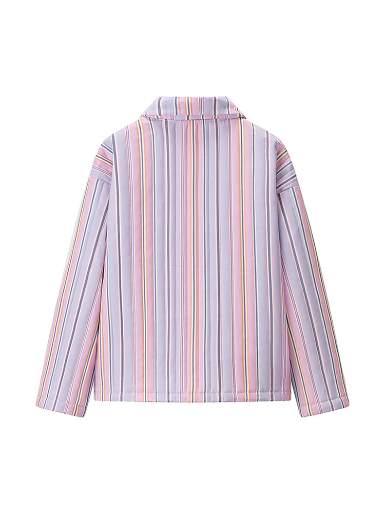Colorful Striped Cotton Jacket Women Lapel Collar Full Sleeve Zipper Patch Pockets Coat 2025 Autumn Female Casual Streetwear