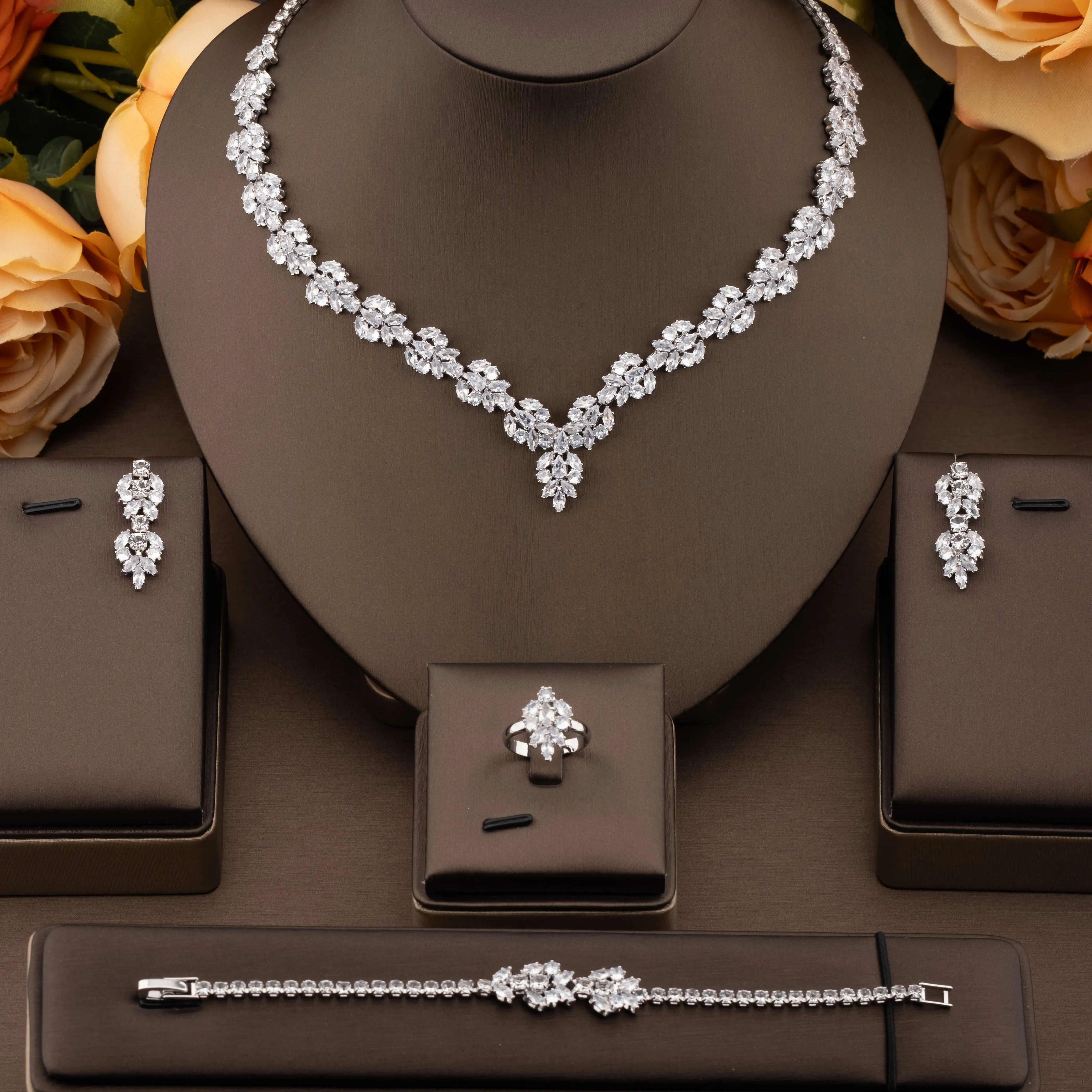 1 set of elegant jewelry set with sparkling cubic zirconia flower cluster design suitable for women to wear at weddings and banquets. Gift box not included