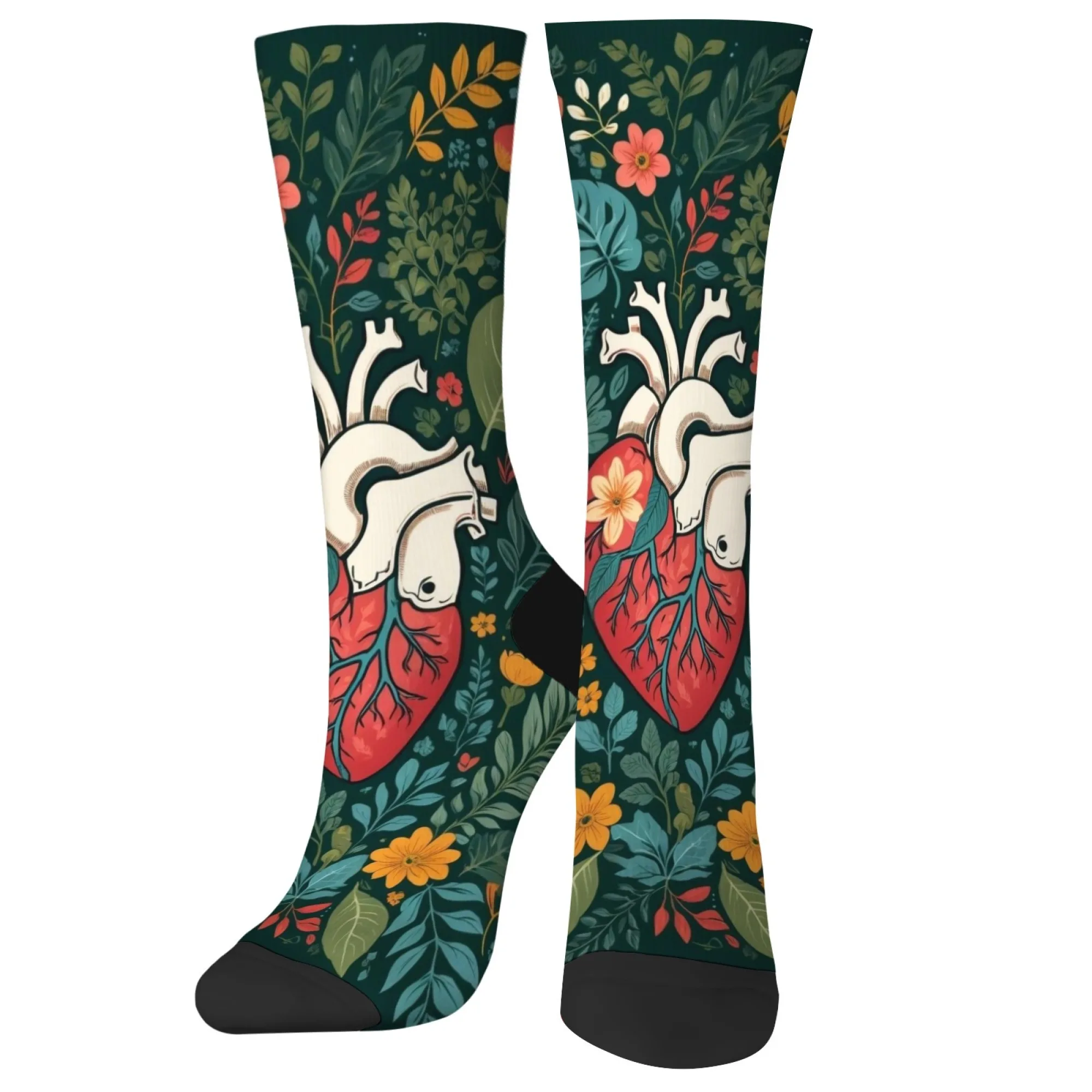 

Nature-Meets-Medical Anatomical Heart Men Crew Socks Floral Surround Design Bold for Science Lovers & Alternative Styling