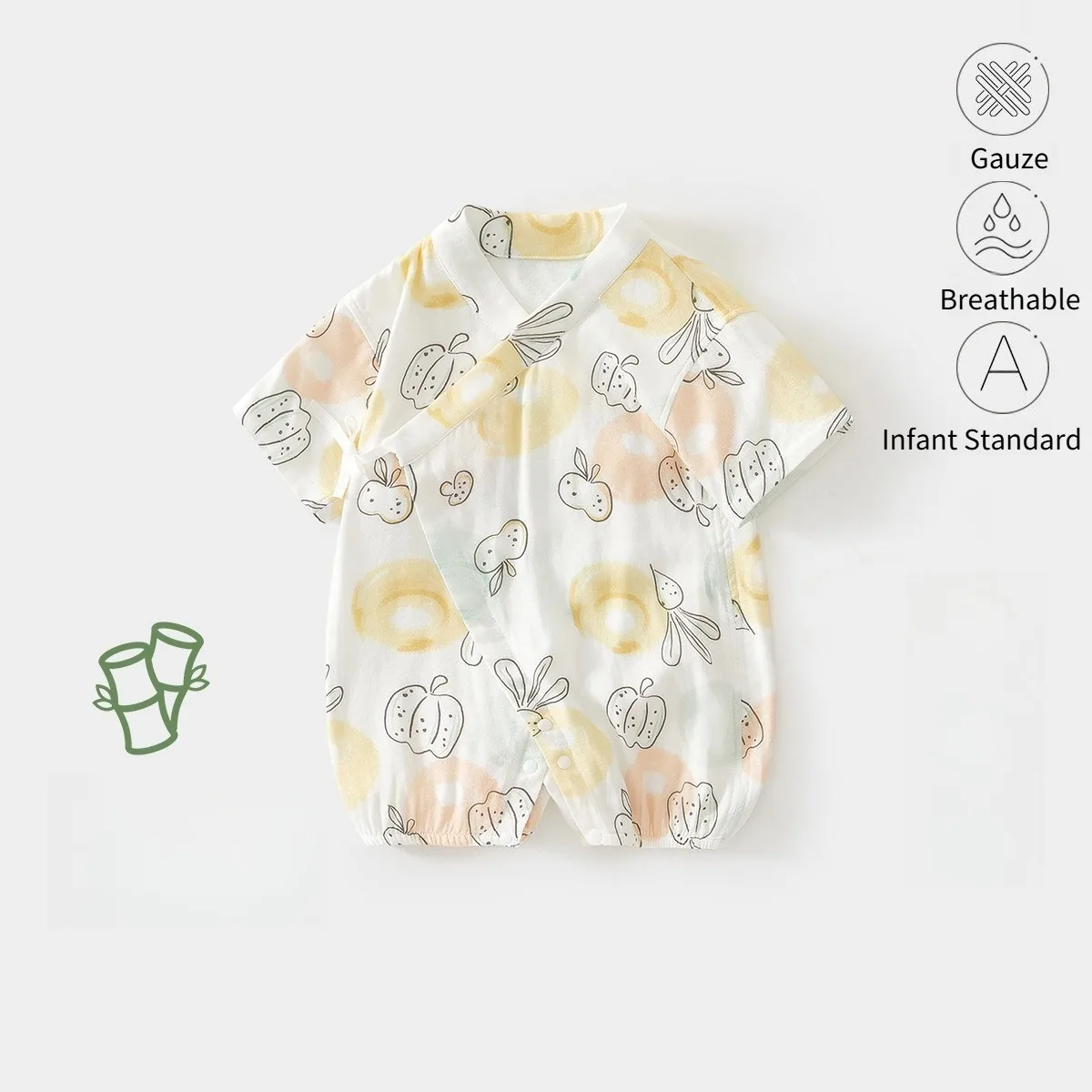 Summer Cotton Gauze Baby Romper Short Sleeve Kimono Bodysuit Unisex Soft Breathable Infant Jumpsuit with Cute Pattern 0-18 Month