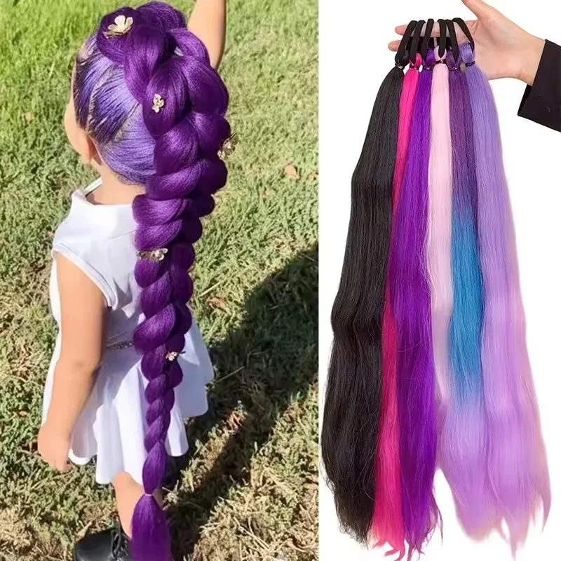 2Pcs 26inch Synthetic Hair Purple Ponytail Extension Rubber Band Long Straight Ponytail Women Hair Accessories