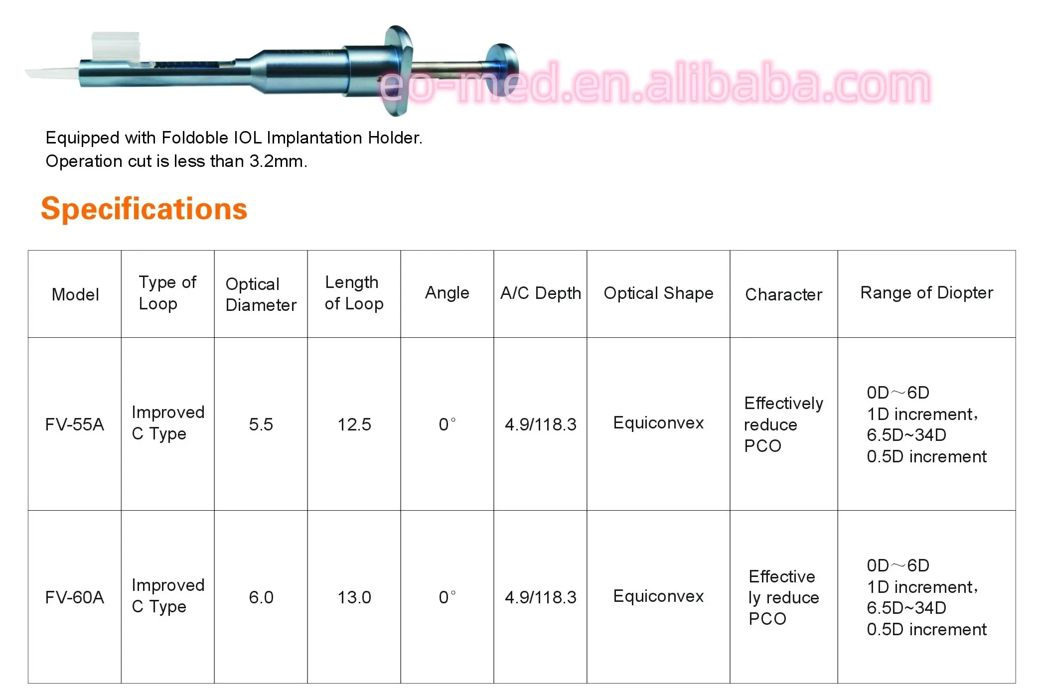 FV-55A/60A Price cheap IOL Delivery System Hospital Optical surgical instruments foldoble IOL  holder injector