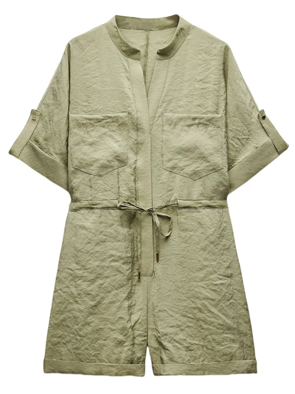 

Autumn New Women's Casual Sle V-Ne ort Sve Belted Waist Cinched Thin ort One-Piece Suit 987878 Cotton Blend Fabric