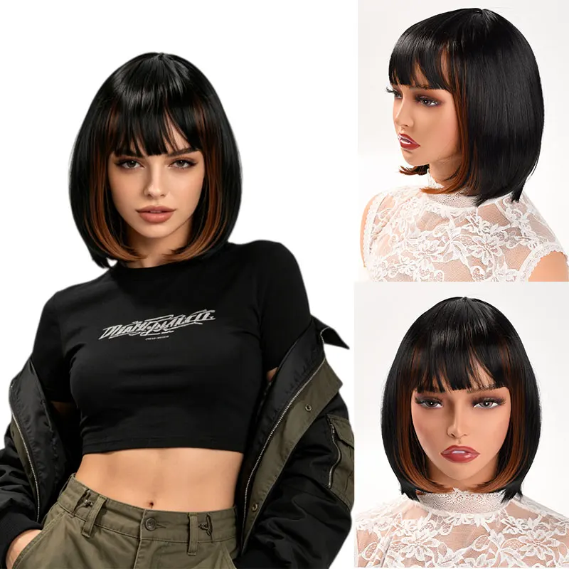 28cm Short Bob Wig with Straight Bangs, Women's Straight Synthetic Wig, Natural High-Temperature Fiber Wig, Easy to Wear, Suitable for Daily Use, Parties, and Cosplay