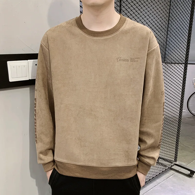 

Suede Round Neck Sweatshirt for Men Spring and Autumn 2024 New Youth Long-sleeved T-shirt Loose and Versatile Warm Base Shirt