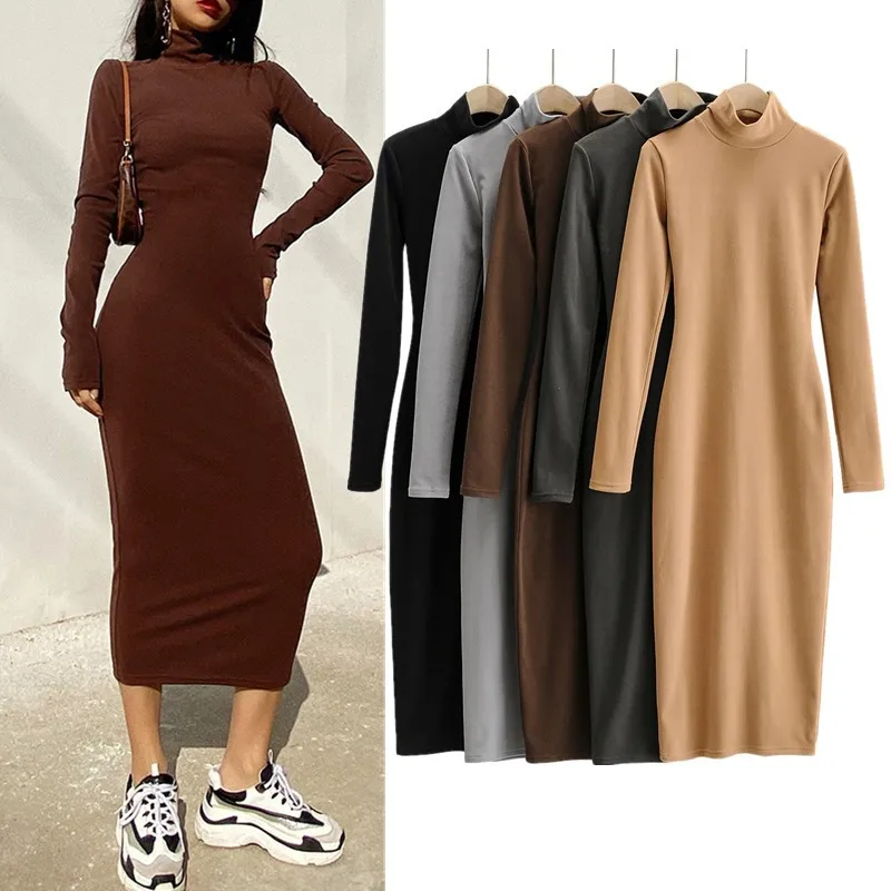 

Spicy Girl High Collar Fce Lined Thiened Long Sve Dr Women's Autumn Winter Sle Slim Fit Long Dr One Step Skirt