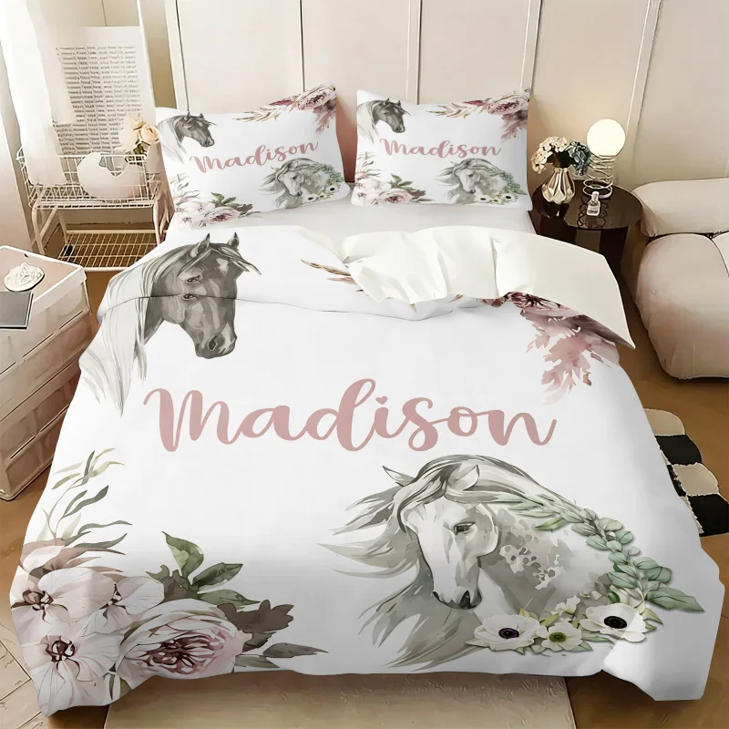 Farmhouse Custom Name Horse Wildflower Duvet Cover Set Watercolor Floral Print Bedding Comforter Girls Western Home Decor