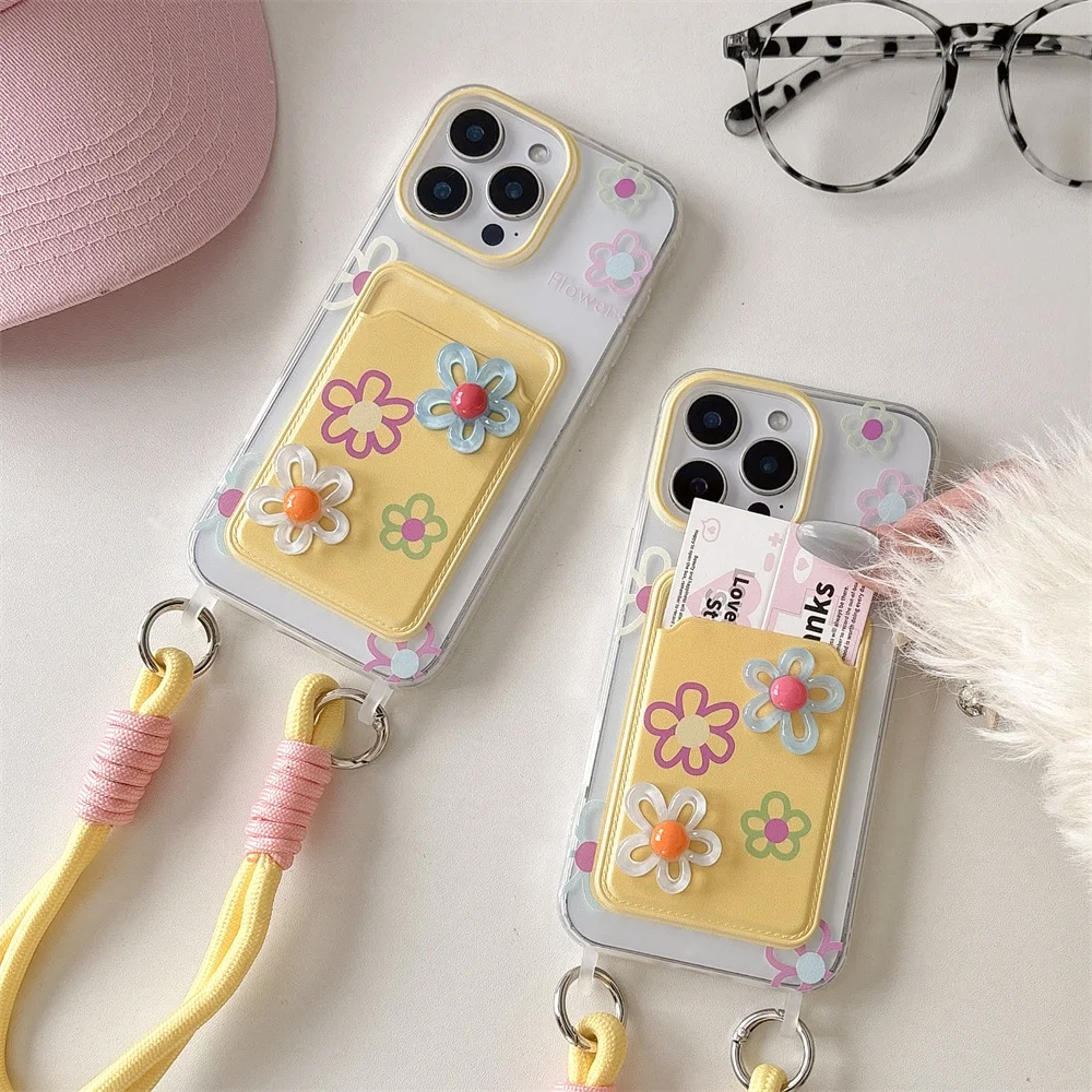 Capa de Celular Coreana Fofa com Flor Estereoscópica e Porta-Cartões para iPhone 12 13 14 15 16 17 Pro Max, Capa Macia Adorável com Cordão