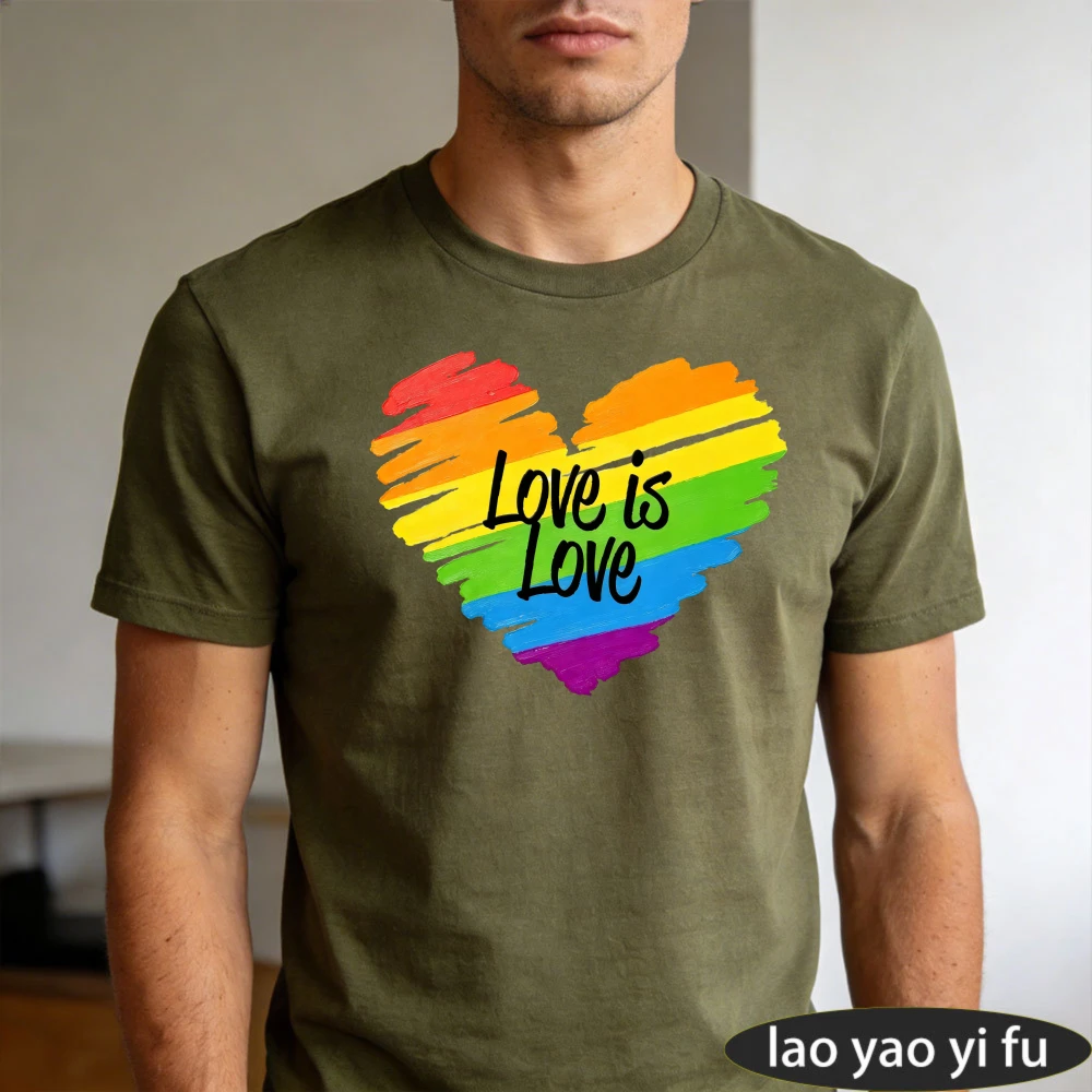 T-shirt en coton pour homme, motif Cœur arc-en-ciel 'Love Is Love', style 'Brush Stroke', simple, graphique fierté, décontracté, pour l'été