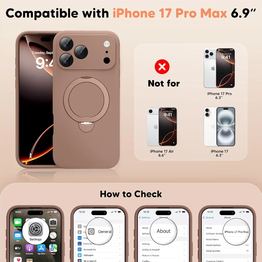 Custodia con supporto magnetico marrone 360 Spin per iPhone 17 Pro Max 6,9'' con protezione completa della fotocamera e design in silicone liquido antiurto