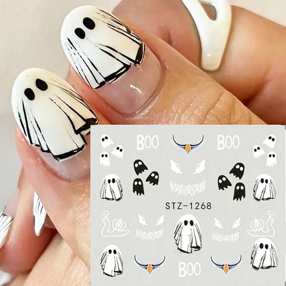 Halloween fantasma adesivos para nail art, decalques água, web falsa, unha decoração acessórios