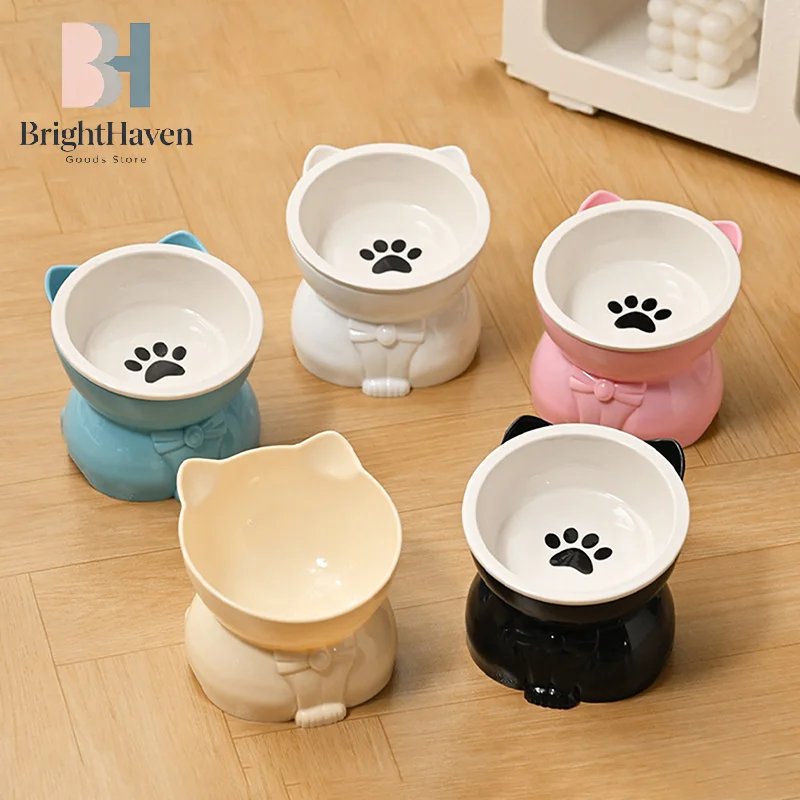 Ceramic Cat Bowl Slanted Mouth Dog Food Feeding Basin Non-slip Pet High Foot Protection Cervical Spine Pet Drink Water Bowl B.H
