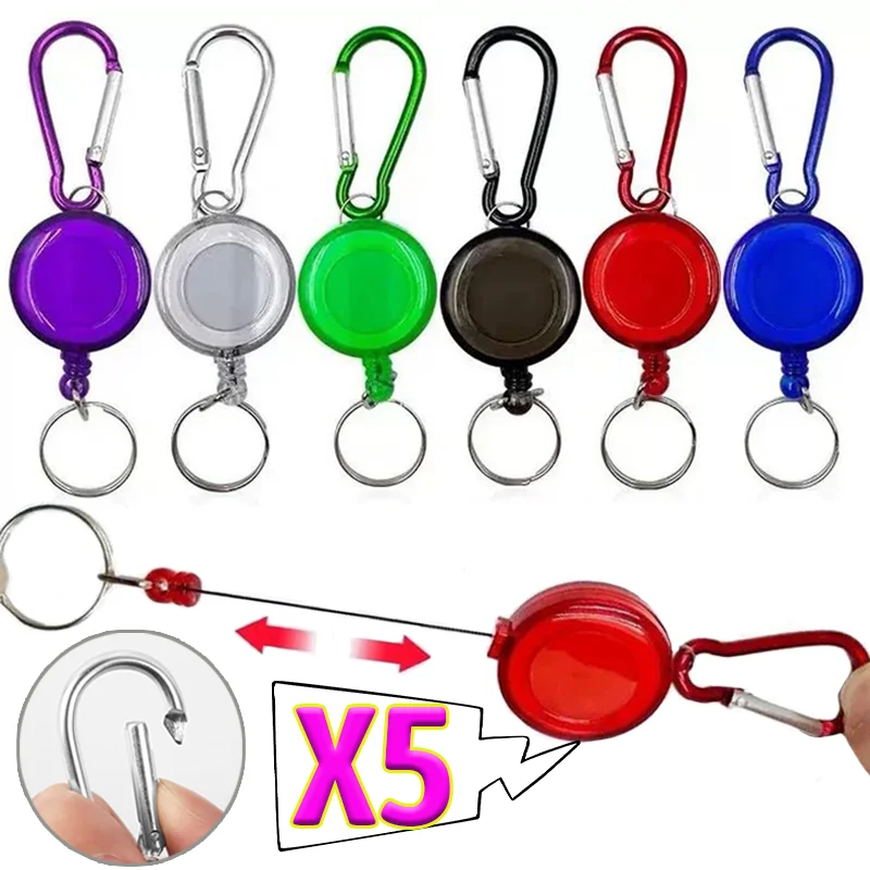 1-5pcs Retractable Steel Cord Reel Keychain Spring Buckle Clasp Wire Rope Key Ring Recoil ID Card Holder Sport Tools Accessories