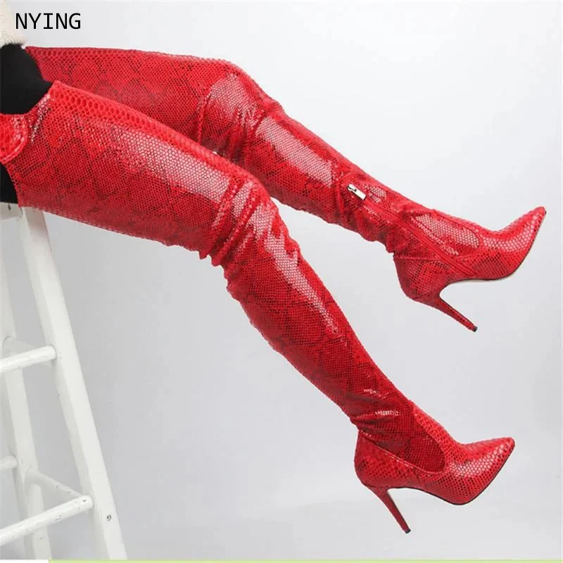 2026 Sexy New Women Winter Thigh Boots Unisex Thin Heels Pointed Toe Burgundy Banquet Ladies Shoes Plus US Size 44