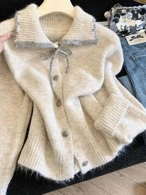 Stylish Knitted Open Cardigan Sweater Color Block Sweet Youthful Soft Autumn Winter Inner Wear Top Fashionable Versatile